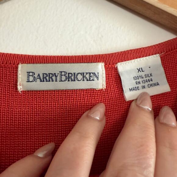 BARRY BRICKEN | 90s Vintage Tomato Red Orange 100% Silk Short Sleeve Sweater XL - Picture 5 of 6